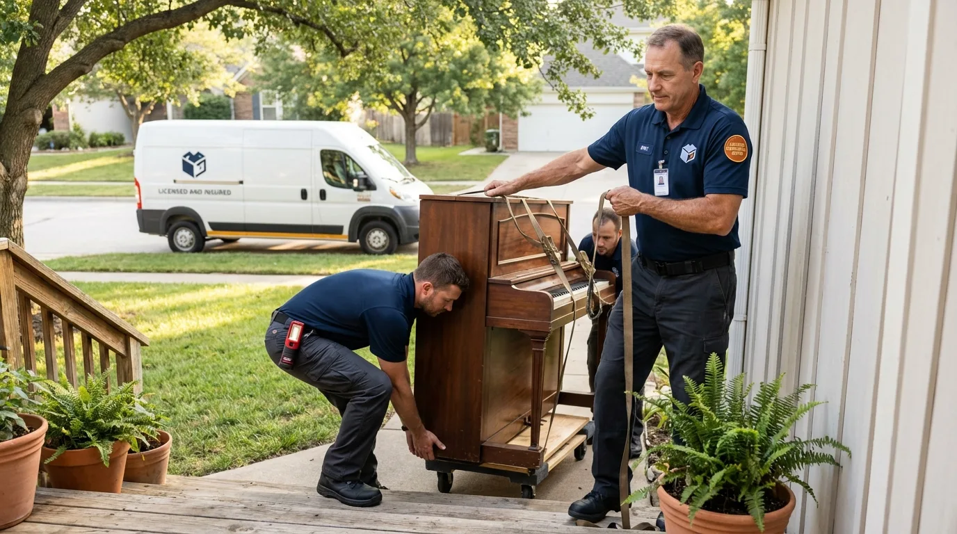 Licensed piano movers securing grand piano in San Carlos, AZ
