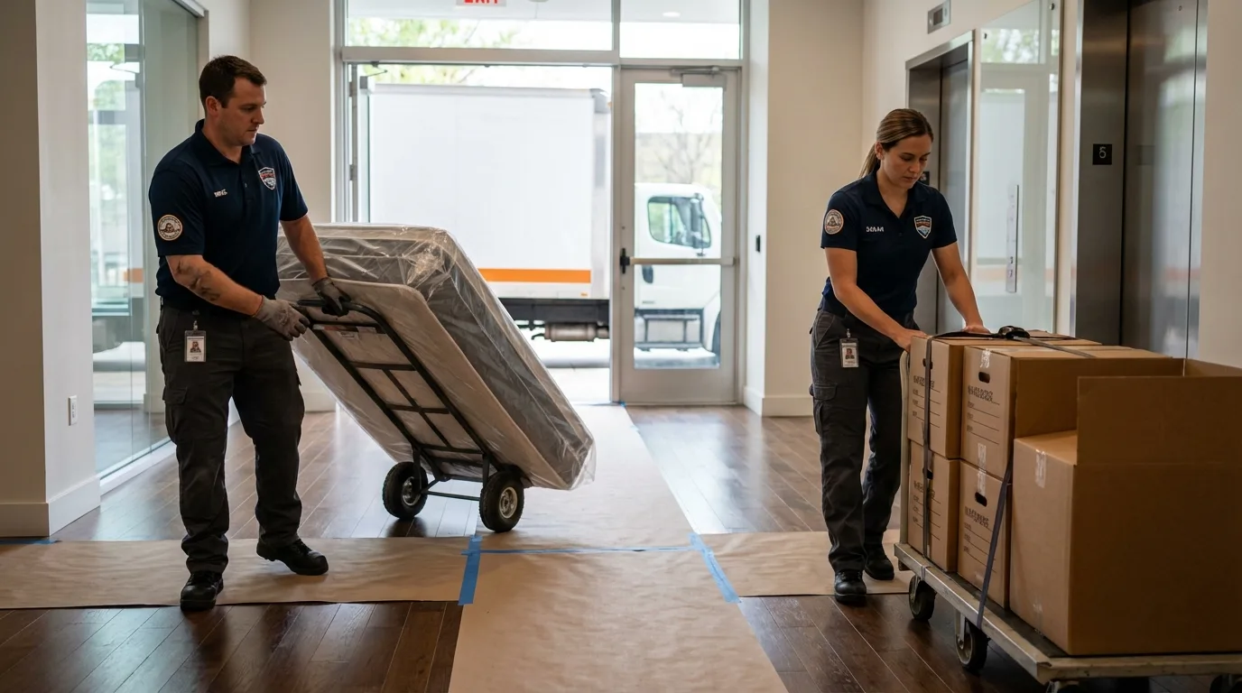 Professional apartment movers loading elevator in San Carlos, AZ
