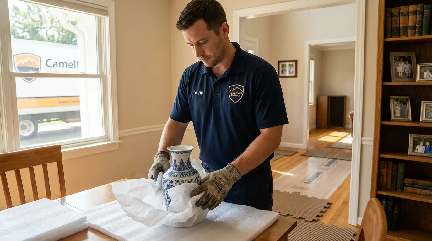 Professional crew carefully wrapping antique vase for senior downsizing move in San Carlos, AZ